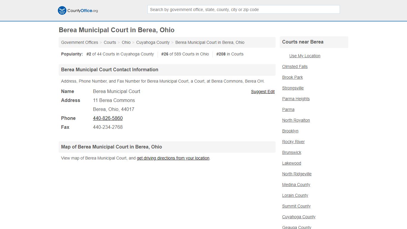 Berea Municipal Court - Berea, OH (Address, Phone, and Fax)